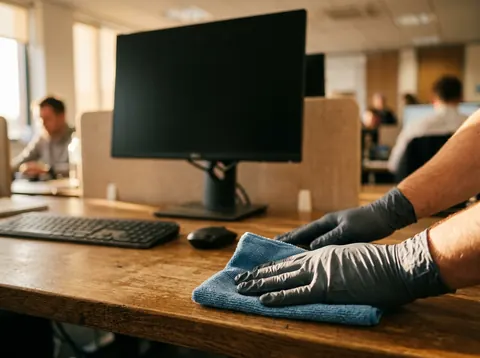 Reinigungskraft wischt Schreibtischflächen in einem Büro